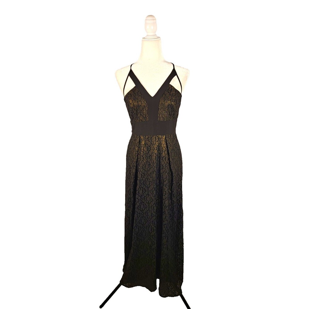 BCBGeneration Black Gold Floral Lace Maxi Dress V-Neck Strappy Lined Sz 6